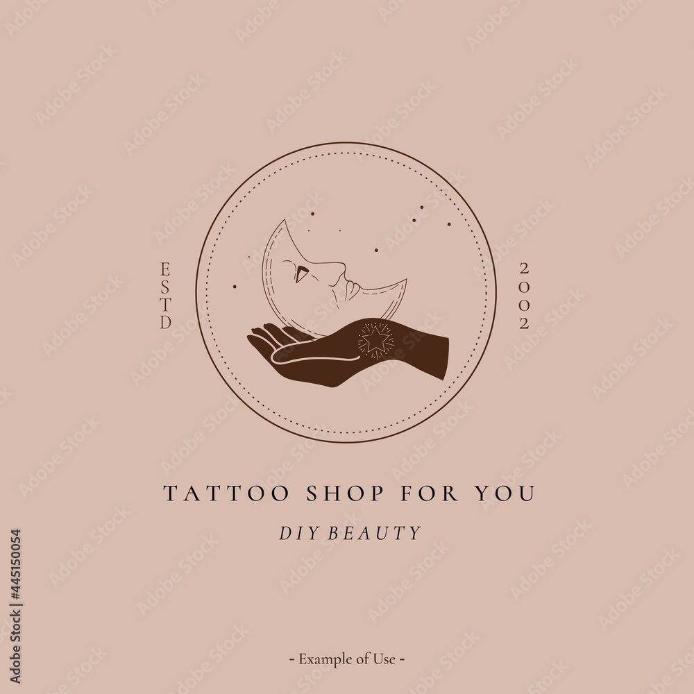 Naklejka premium Celestial spiritual alchemy esoteric mystical magic talisman with woman hand, moon, stars sacred geometry tattoo logo template occultism object. Vector illustration line art black outline style