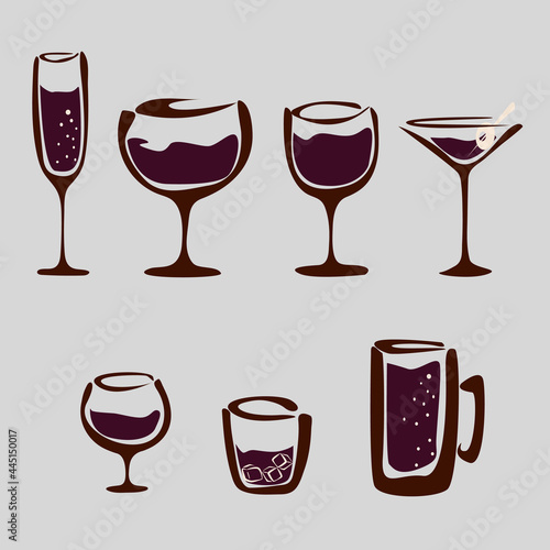 set of alcohol cocktails drinks glasses icons and symbols