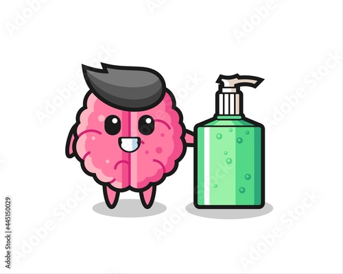 cute brain cartoon with hand sanitizer