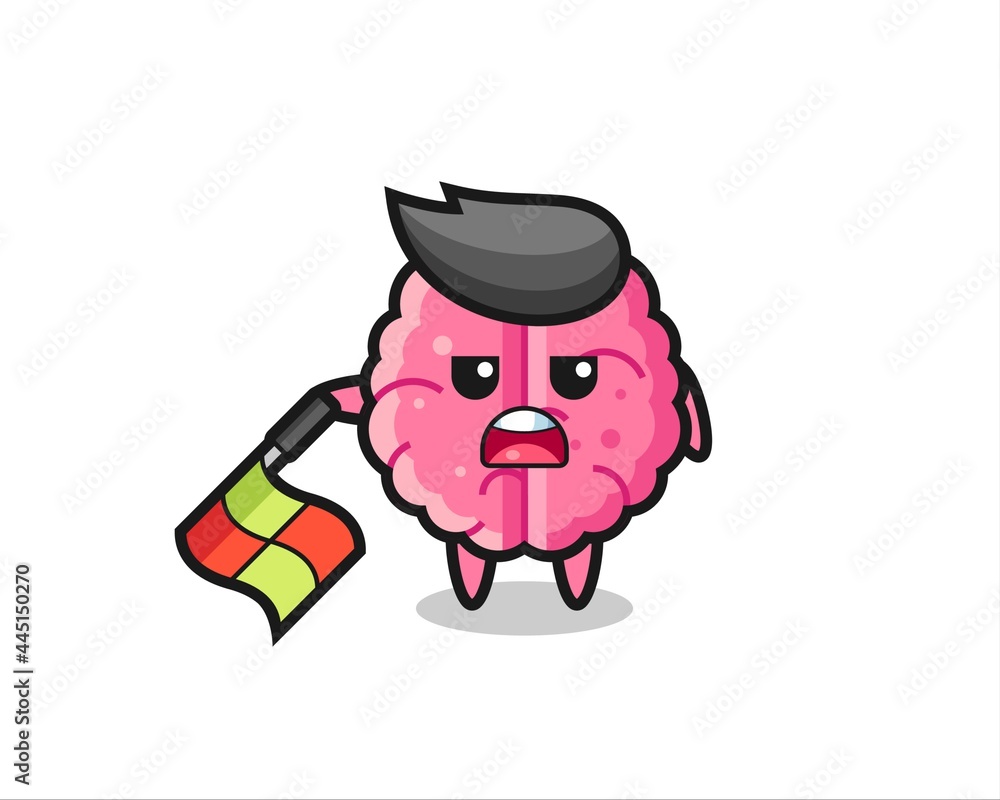 brain character as line judge hold the flag down at a 45 degree angle