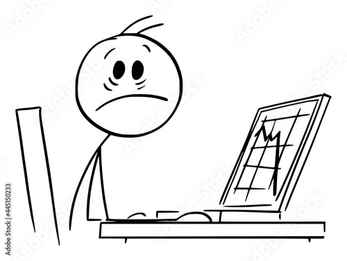 Shocked businessman and Falling Graph on Computer Display, Vector Cartoon Stick Figure Illustration