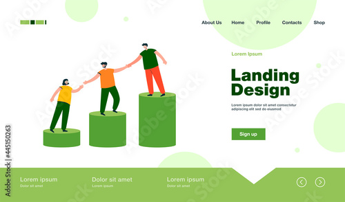 Mentor helping young employees to climb on top of growing bar chart. Team holding hands and walking upstairs together. Vector illustration for mentorship, teamwork, professional support concept