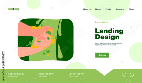 Person washing hands in flowing water with soap foam. Vector illustration for handwashing, hygiene, healthcare concept