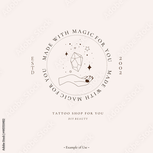 Celestial spiritual alchemy esoteric mystical magic talisman with woman hand, gemstone, stars sacred geometry tattoo logo template occultism object. Vector illustration line art black outline style