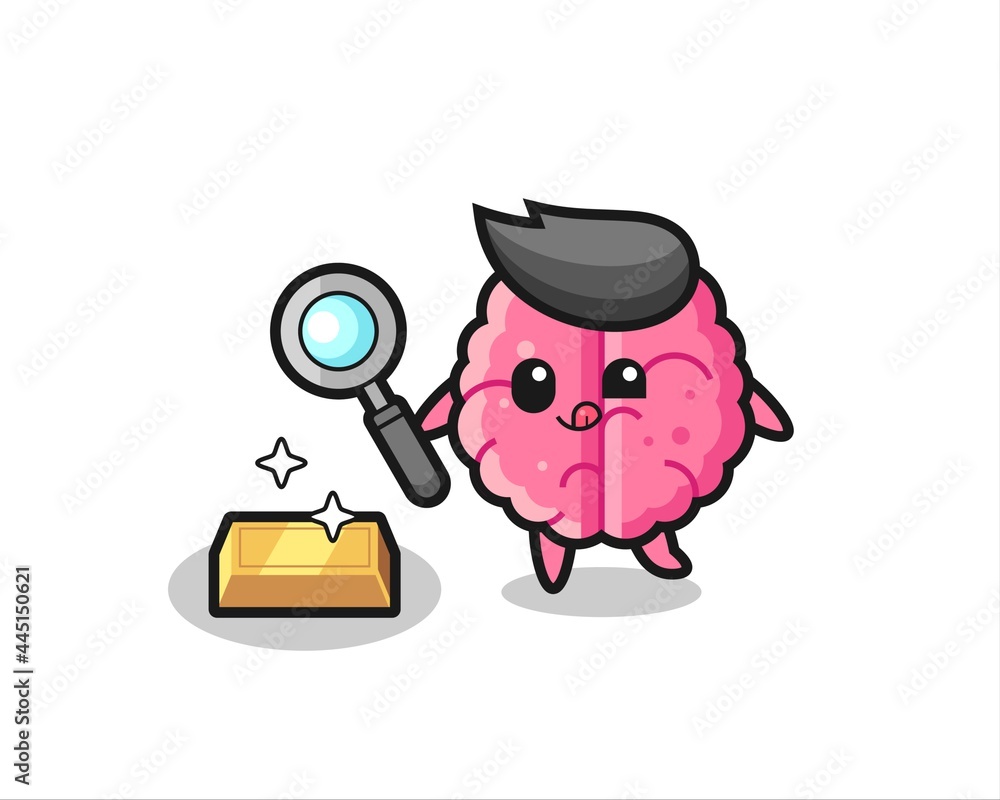 Fototapeta premium brain character is checking the authenticity of the gold bullion