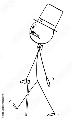 Nobleman Walking with Stick and Wearing Top Hat, Vector Cartoon Stick Figure Illustration