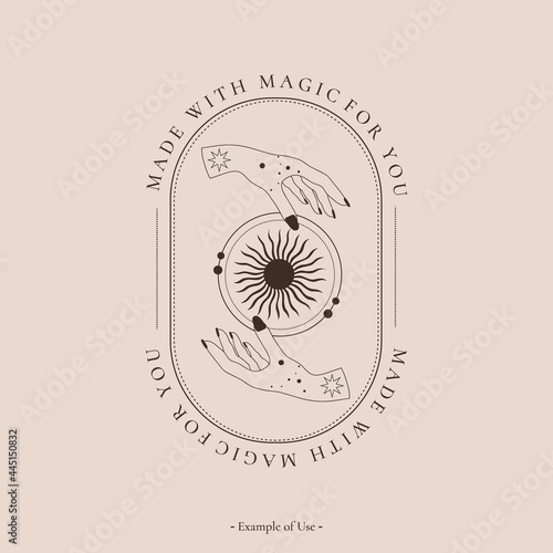 Celestial spiritual alchemy esoteric mystical magic talisman with woman hands, sun, stars sacred geometry tattoo logo template occultism object. Vector illustration line art black outline style
