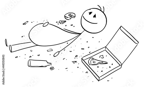 Overeaten Man or Person, Lying on Ground With Crumbs Around, Vector Cartoon Stick Figure Illustration
