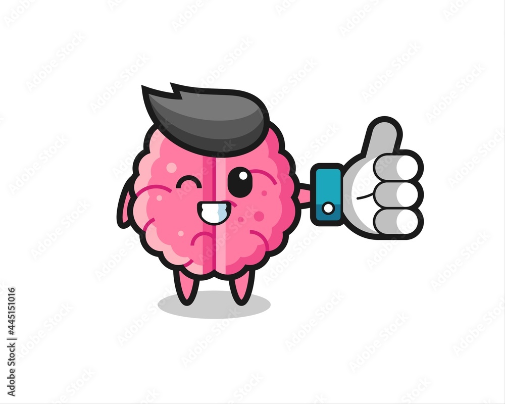 cute brain with social media thumbs up symbol