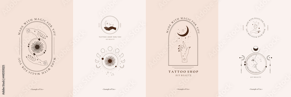 Set of celestial spiritual esoteric magic talisman with woman hands, sun, moon, stars sacred geometry line art. Alchemy occultism object logo template. Vector illustration in black outline style - obrazy, fototapety, plakaty 