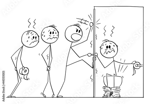 Man Sitting on Public Toilet Bowl for Long Time, Line of People is Wating, Vector Cartoon Stick Figure Illustration