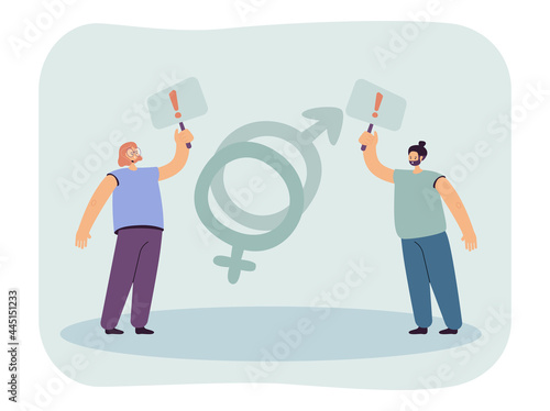Struggle for rights of women and men. Flat vector illustration. Young guy and girl holding signs with exclamation marks on background of gender symbols. Feminism, controversy, equality, gender concept