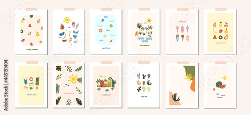 Summer mood greeting card hygge poster template. Welcome summer season invitation. Minimalist postcard tropical leaves, palm tree, houses, abstract shapes. Vector illustration in flat cartoon style