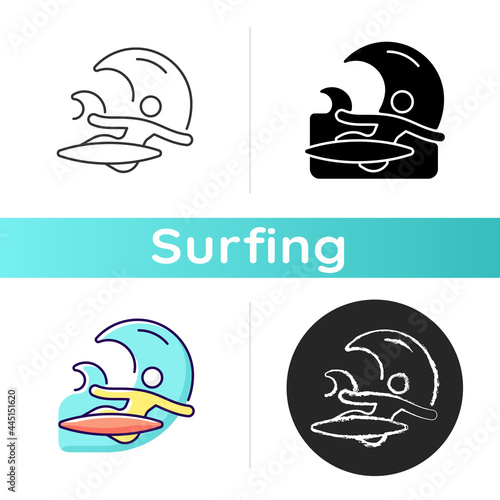 Backhand bottom turn in surfing icon. Performing fundamental manoeuvre. Surfer back facing wave. Backside turn. Full rotation. Linear black and RGB color styles. Isolated vector illustrations