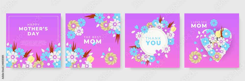 Set of Happy Mothers day typography design. Handwritten calligraphy with 3d paper cut flowers and leaves on white background. Vector illustration.