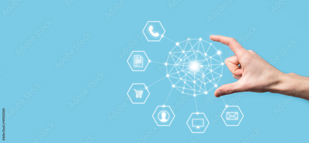 Business concept Close up of man using mobile smart phone and infographic icon of community technology digital.Concept of hi tech and big data. Toned image Business concept Close up of man using mobile smart phone and infographic icon of community technology digital.Concept of hi tech and big data. Toned image