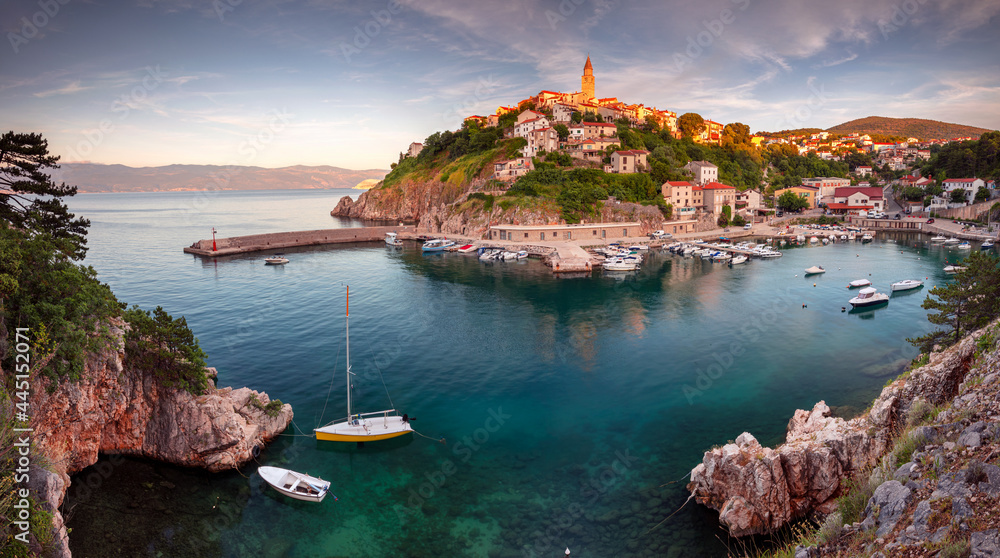 Vrbnik, Croatia. Panoramic aerial cityscape image of iconic village of Vrbnik, Croatia located on Krk Island at summer sunset.