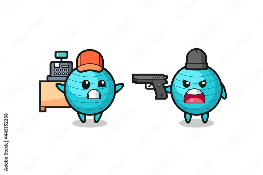 illustration of the cute exercise ball as a cashier is pointed a gun by a robber illustration of the cute exercise ball as a cashier is pointed a gun by a robber