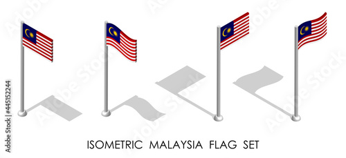 isometric flag of malaysia in static position and in motion on flagpole. 3d vector