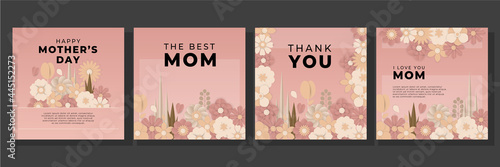 Mother's day greeting card. Vector banner with girl and flying pink paper hearts. Symbols of love on white background with pastel color