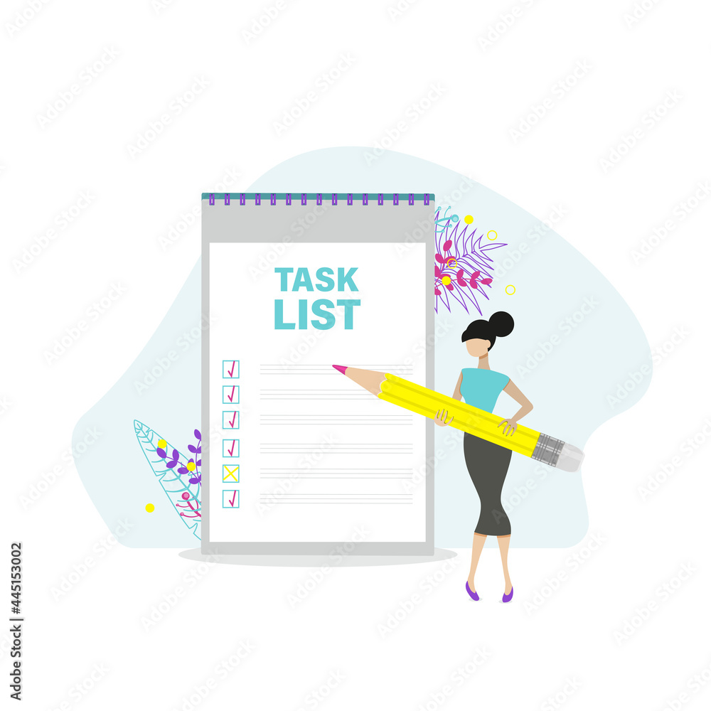Woman with checklist and to do list. Project management, planning and keeping score of completed tasks concept. Flat vector illustration. Woman with checklist and to do list. Project management, planning and keeping score of completed tasks concept. Flat vector illustration.