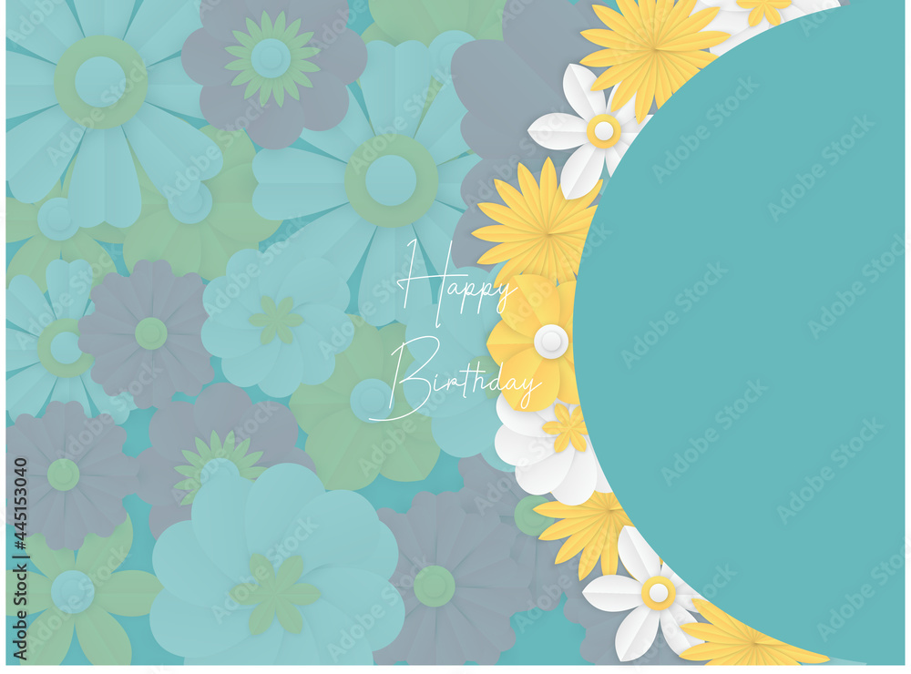 Naklejka premium Greeting card with trendy floral and leaves. Happy Birthday. Farm flower. Happy birthday greeting card and party invitation, vector illustration. abstract papercutting style floral pattern background