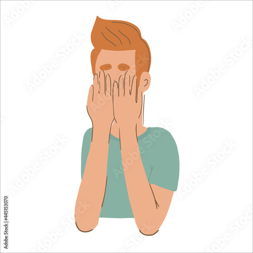 Man covering face with hands. Grief, shame or denial concept. Flat vector illustration