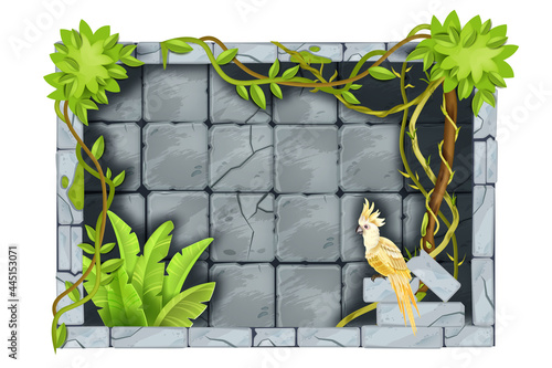 Stone jungle game frame, vector user interface rock background, cracked tiles, tropical bushes, parrot. Ancient nature sign board, UI window menu panel, rectangle boulder screen. Jungle frame, liana