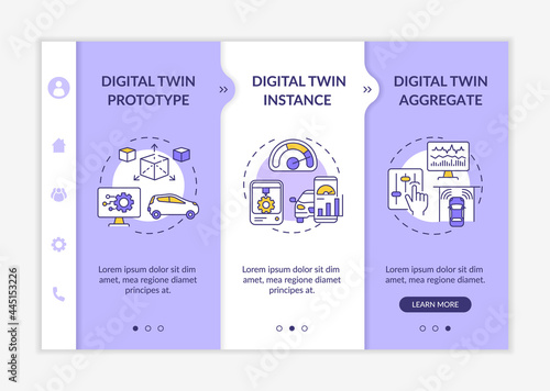 Digital twin types onboarding vector template. Responsive mobile website with icons. Web page walkthrough 3 step screens. Digital twin prototype color concept with linear illustrations