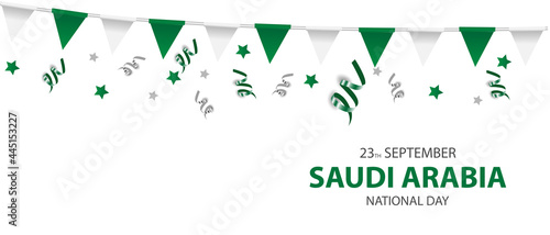 Saudi Arabia National Day 23 September. Saudi Arabia flag celebrates independence day. Ribbons, balloons and fireworks. vector illustration