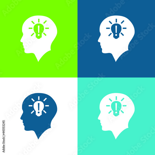 Bald Head With Lightbulb With Exclamation Sign Inside Flat four color minimal icon set