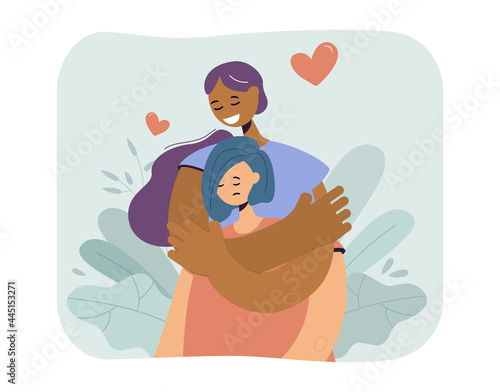 Happy girl hugging sad girlfriend. Flat vector illustration. Unhappy woman receiving love and support from her friend, holding her tight from back. Caring, support, love, friendship, trouble concept