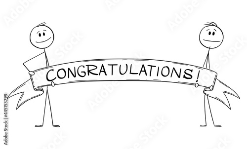 Two Persons Holding Big Congratulations Ribbon Sign, Vector Cartoon Stick Figure Illustration