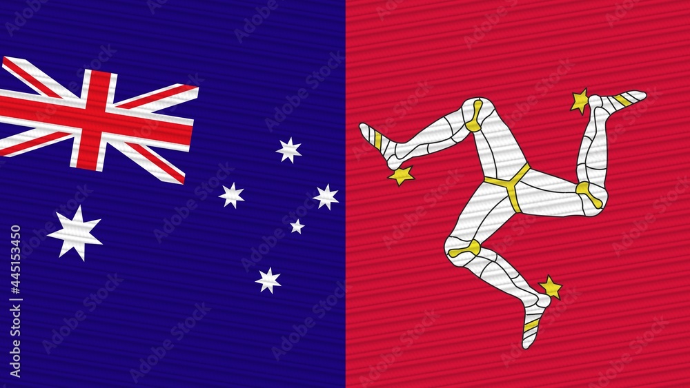 Fototapeta premium Isle Of Man and Australia Two Half Flags Together Fabric Texture Illustration