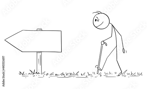 Old Retired Person with Walking Stick Following Arrow Sign Direction, Vector Cartoon Stick Figure Illustration