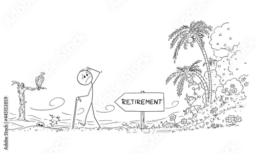 Old Age Senior Worker Walking to Retirement Leaving Life in Paradise for Life in Desert, Vector Cartoon Stick Figure Illustration