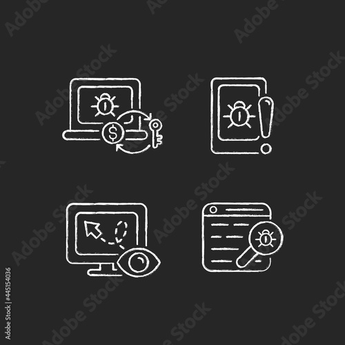 Internet censorship chalk white icons set on dark background. Ransomware. Cell phone bugging. Demanding payment. Location tracking. Web beacon. Isolated vector chalkboard illustrations on black
