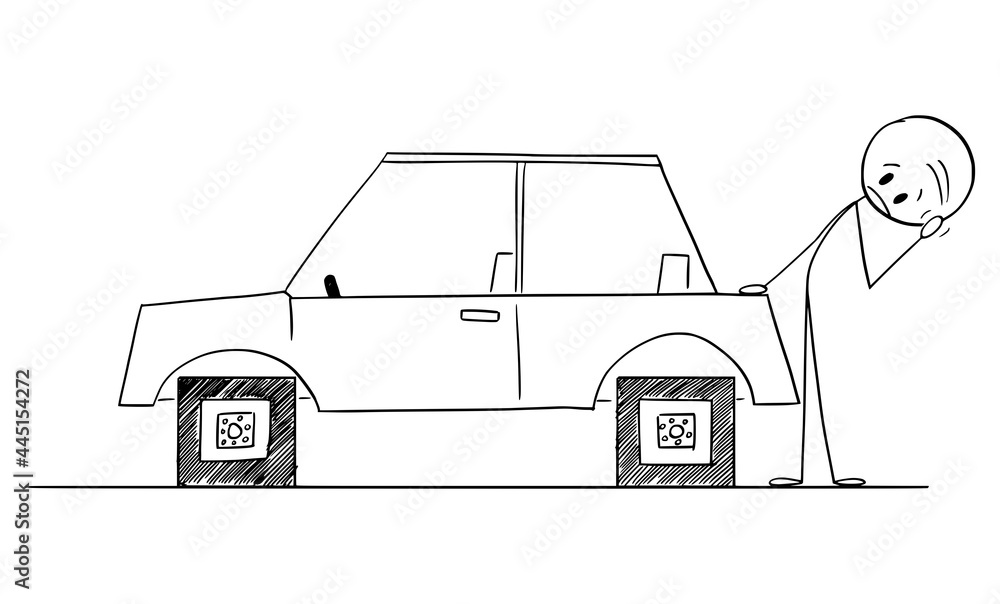 Driver Looking at Car With Square Wheels, Problem, Disadvantage or