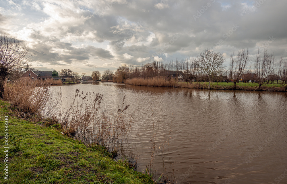 Fototapeta premium Dutch landscape on a cloudy day in the winter season. The photo was taken near the village of Giessenburg on the river Giessen, province of South Holland.