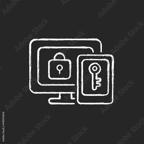 Multi-factor authentication chalk white icon on dark background. Providing two verification factors. Entering password. Authentication method. Isolated vector chalkboard illustration on black