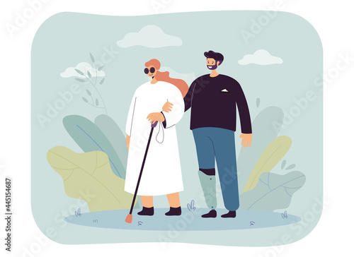 Man with prosthetic leg walking with blind woman. Flat vector illustration. Girl in dark glasses with cane walking arm in arm with disabled person. Disability, health, prosthetics, help concept