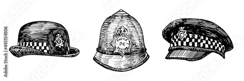Custodian helmet, british police woman uniform hat, British Bobby police hat, UK police hat  gravure style ink drawing illustration isolated on white