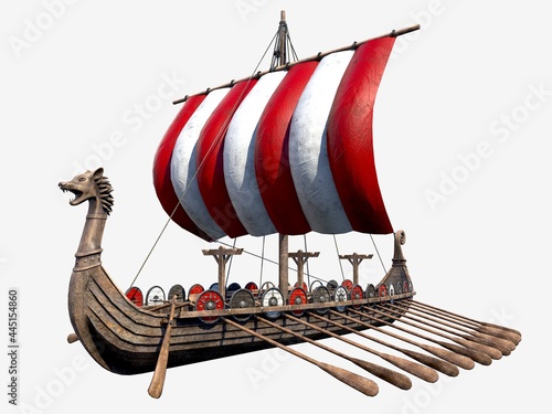 Isolated Viking Ship on White Background 3D Illustration	 photo