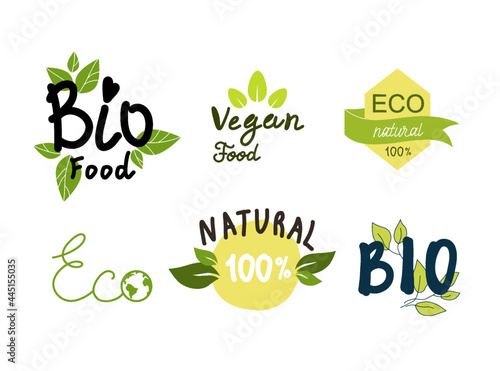 Vegetarian eco green concept
Healthy food icons, labels. Organic tags. Natural product elements. Raster illustration. Low fat stamp. Eco product.