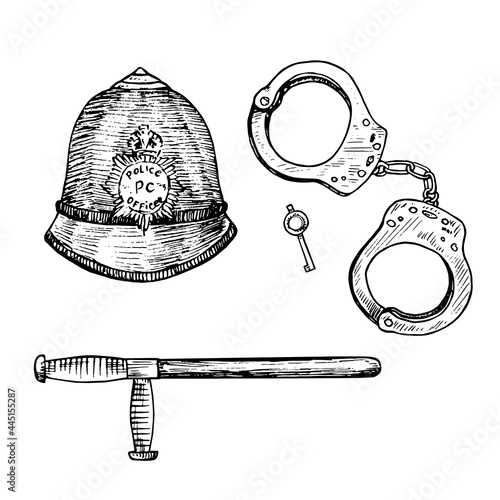 The custodian helmet (British Bobby police hat), Handcuffs and key, Police baton (truncheon or nightstick),  gravure style ink drawing illustration isolated on white