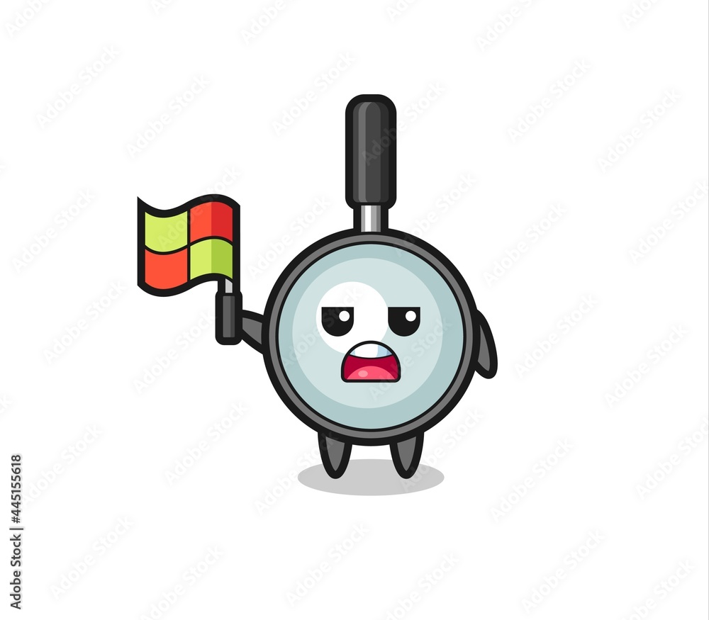 magnifying glass character as line judge putting the flag up magnifying glass character as line judge putting the flag up