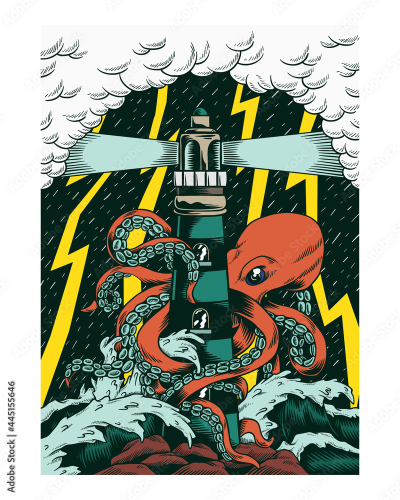 Obraz premium Giant octopus with tentacles wrapped around a lighthouse illustration wall art print and poster design.