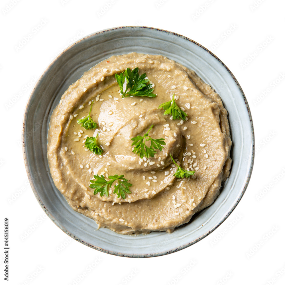 Baba ghanoush, babaganush or baba ganoush in gray bowl isolated on white background. Turkish cuisine. Top view. Baba ghanoush, babaganush or baba ganoush in gray bowl isolated on white background. Turkish cuisine. Top view.