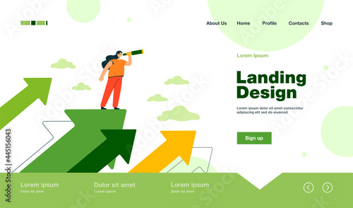 Tiny woman standing on arrow and looking for future plans for success flat vector illustration. Cartoon positive female character using motivational inspiration. Business and career concept
