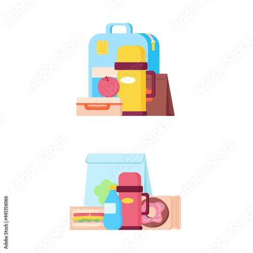 School lunch bags and trays with sandwiches, fruits and donut, thermos bottle